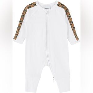 Burberry White Baby Onesie with Plaid Sleeves